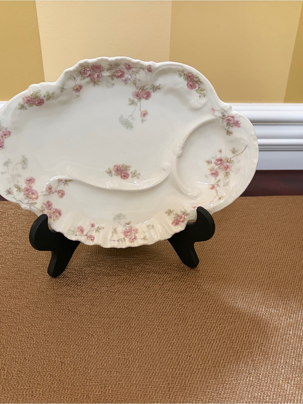 Limoges Pink Rose Oval Dish or Relish Dish, divided sections, scalloped edges